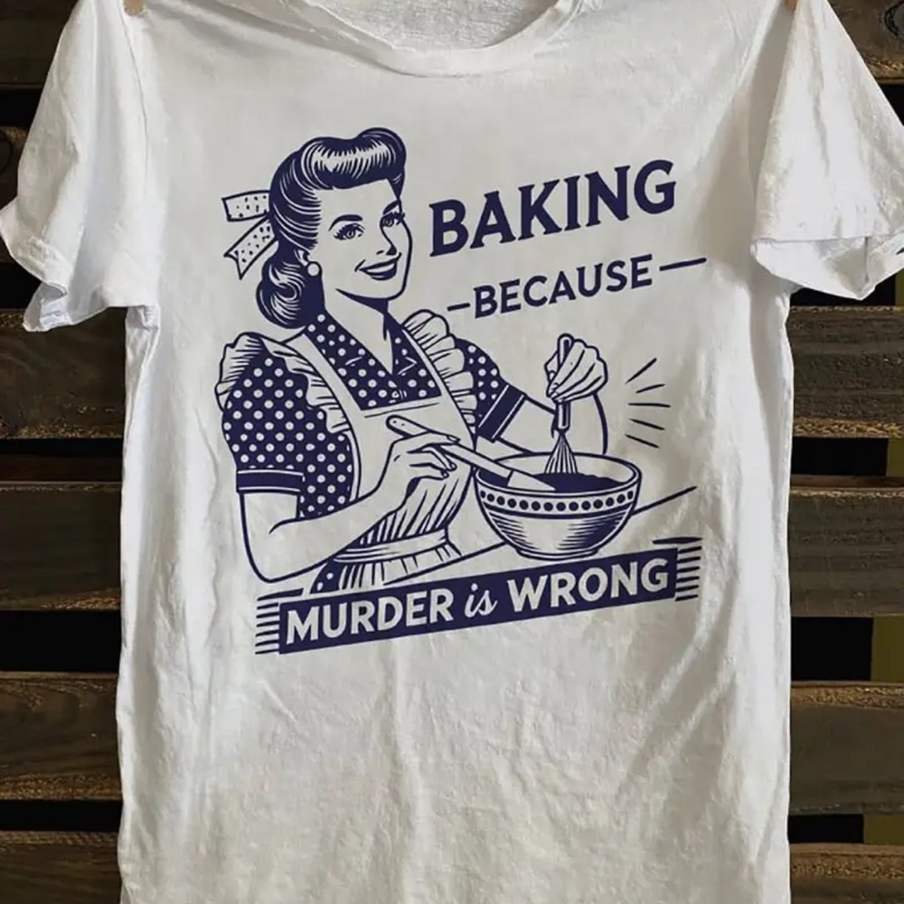 Baking Blue Print Tee Shirt White Cotton Short Sleeve Size XL Oversized Unisex